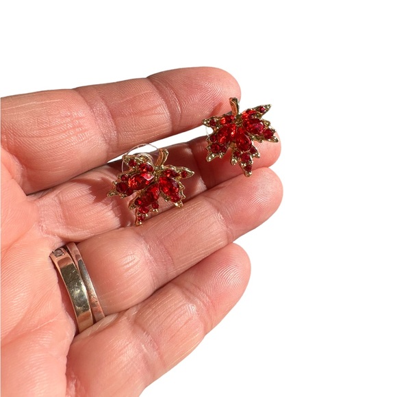24K Gold Plated Maple Leaf Design Stud Earrings with Red Zircon Accents - Picture 6 of 8